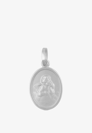 Ovaler Silberanhänger mit geprägtem Cherub, der den Kopf auf die Hand stützt, umrahmt von einem glatten Rand und an einer abgerundeten Öse befestigt.