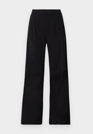 Pantaloni a gamba larga neri realizzati in un tessuto morbido e leggero. Presentano una vita alta e dettagli di pieghe frontali per una maggiore struttura.