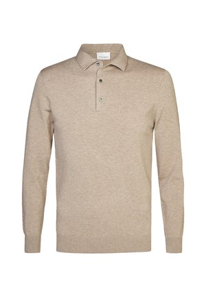 Beige long-sleeve polo shirt in soft knit fabric featuring a classic collar and three-button placket. Simple design, no patterns or accents.