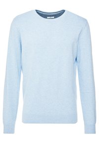 Light blue crew-neck sweater in a soft knit fabric, featuring long sleeves and ribbed cuffs and hem for a secure fit.
