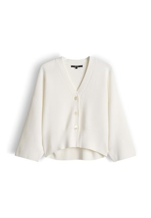 Witte cropped cardigan met wijde mouwen, V-hals en drie knopen aan de voorkant.