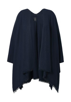 Marineblaues Schultertuch mit offener Vorderseite, verziert mit dekorativen Nähten und fransigen Kanten. Hergestellt aus weichem Stoff, entworfen für einen lockeren Fall.