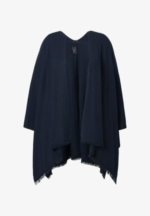 Mørkeblå sjal med åben front, prydet med dekorativ stikning og frynsede kanter. Fremstillet af blødt stof, designet til løs drapering.