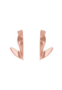 Orecchini a clip in oro rosa con un design elegante e attorcigliato, caratterizzati da superfici lisce e punte accentuate alla base.