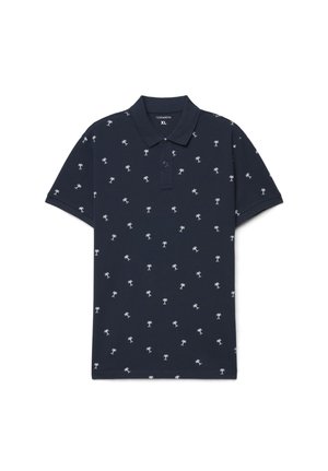 Polo a maniche corte blu navy con piccoli motivi di palme bianche, colletto con bottoni ed etichetta taglia XL all'interno del collo.