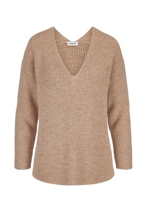 Beiger Strickpullover mit langen Ärmeln und tiefem V-Ausschnitt aus weichem, strukturiertem Wollstoff.