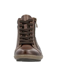 Botte de cheville en cuir marron avec un bout arrondi, des lacets et une fermeture zippée sur le c�ôté. Surface texturée avec des coutures contrastantes et une semelle en caoutchouc.