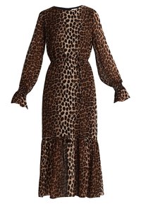 Leopardmönstrad maxiklänning med långa, genomskinliga ärmar, åtsittande midja, vågig nederkant och mjukt, flödande tyg i bruna och beige toner.