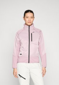 Giacca zip-up rosa chiaro con collo alto, caratterizzata da una cerniera scura a contrasto e un design delle spalle senza cuciture. Tessuto con texture liscia.