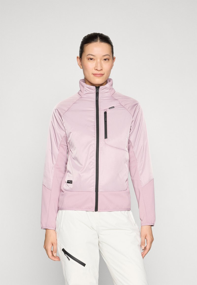 Giacca zip-up rosa chiaro con collo alto, caratterizzata da una cerniera scura a contrasto e un design delle spalle senza cuciture. Tessuto con texture liscia.