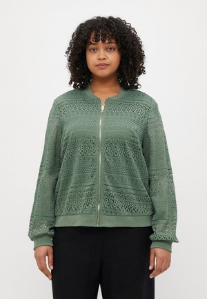 Light green lace bomber jacket with zip closure. Features intricate patterns, ribbed cuffs, and hem. Lightweight, breathable fabric.