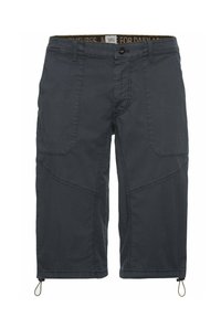 Dunkelgraue knielange Shorts aus einem leichten Stoff. Mit Cargo-Taschen, Knopfverschluss und verstellbaren Kordeln am Saum.