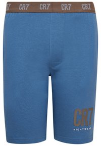 Blue cotton boxer shorts with a brown elastic waistband featuring "CR7" in gray. Smooth texture and mid-thigh length design.