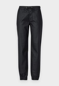 Μαύρο ελαφρύ παντελόνι με ελαστική μέση, λεπτομέρεια με κορδόνι και στενές μανσέτες. Λείος υφασμάτινος ιστός με απλό σχέδιο.