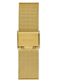 Aukso tinklelis laikrodžio dirželis su tekstūruota paviršiumi, featuring užsegimą, kuriame išgraviruota "GUESS", ir elegantišku, moderniu dizainu.