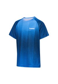 Blue short-sleeve sports shirt with gradient texture and white "hummel" logo on the chest, designed for active wear.