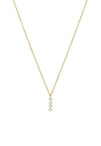 Gouden ketting met een verticale hanger en drie diamantachtige accenten. De ketting heeft een gestructureerd schakeldesign.