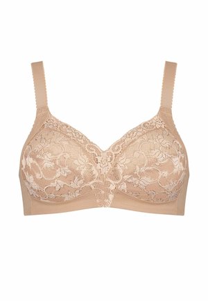 Reggiseno in pizzo beige con spalline larghe regolabili e motivi floreali, progettato per supporto e comfort.