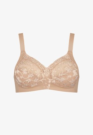 Reggiseno in pizzo beige con spalline larghe regolabili e motivi floreali, progettato per supporto e comfort.