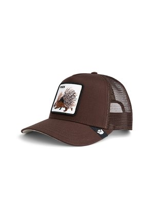 Casquette brune avec un dos en mesh, ornée d'une écusson brodé d'un porc-épic. Visière incurvée, fermeture snapback ajustable, tissu texturé.