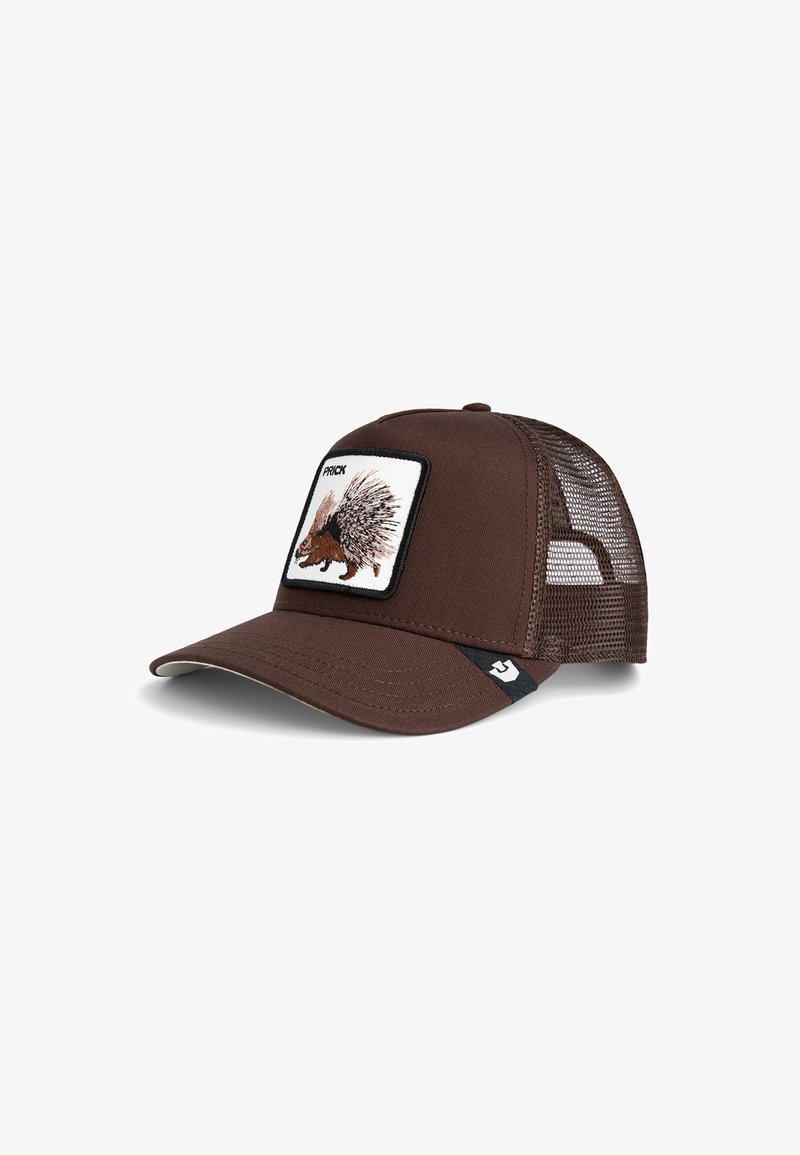 Brown cap with a mesh back, featuring an embroidered patch of a porcupine. Curved visor, adjustable snapback closure, textured fabric.