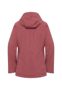Veste d'extérieur imperméable de couleur rose pâle, dotée d'une capuche, de manches longues et d'une finition lisse et mate sans quincaillerie visible.
