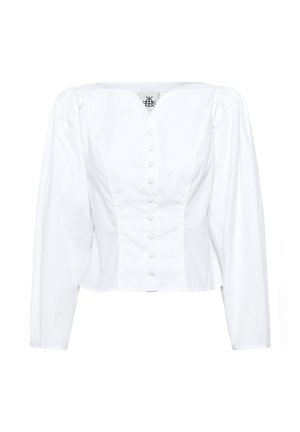 Blouse blanche courte avec un col carré, des manches longues bouffantes et une fermeture par boutons sur le devant. Tissu lisse avec une coupe ajustée et un léger brillant.