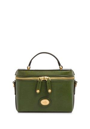 Piccola borsa rettangolare in pelle verde scuro con cerniera dorata, manico unico superiore e targhetta ovale in oro con logo sul davanti.