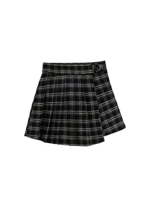 Jupe plissée à carreaux noir et blanc avec une taille ajustée et un détail de boucle sur le côté, fabriquée en tissu texturé.
