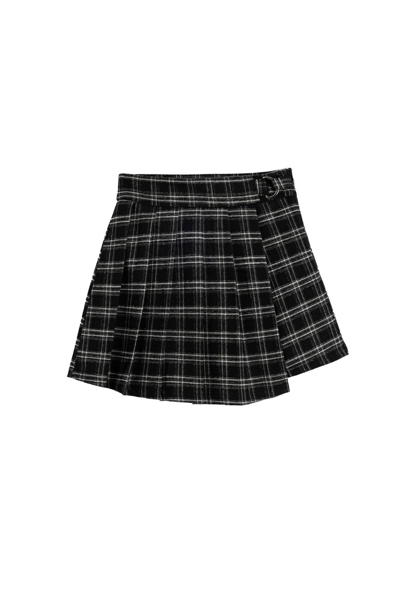 Gonna plissettata in bianco e nero a quadri con vita aderente e dettaglio con fibbia laterale, realizzata in tessuto testurizzato.