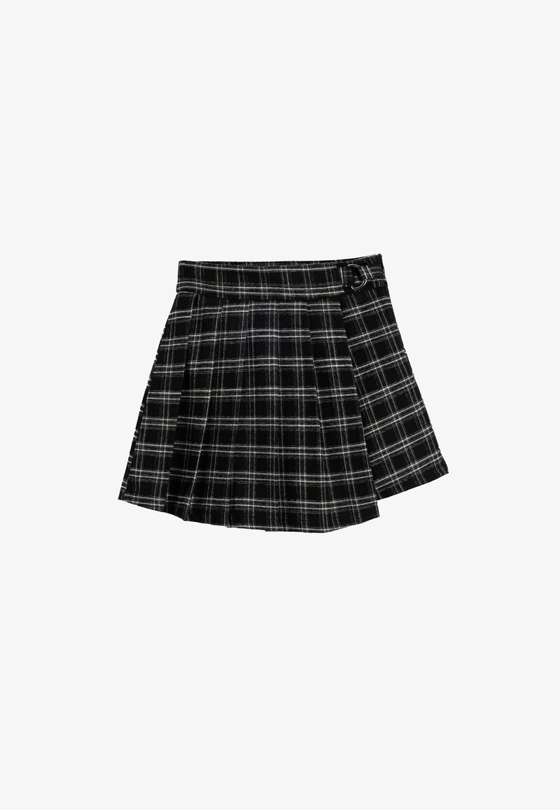 Gonna plissettata in bianco e nero a quadri con vita aderente e dettaglio con fibbia laterale, realizzata in tessuto testurizzato.