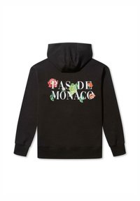 Crna dukserica s cvjetnim uzorcima u crvenoj, narančastoj i zelenoj boji te natpisom "PAS DE MONACO" u bijeloj. Mekani materijal, standardni kroj.