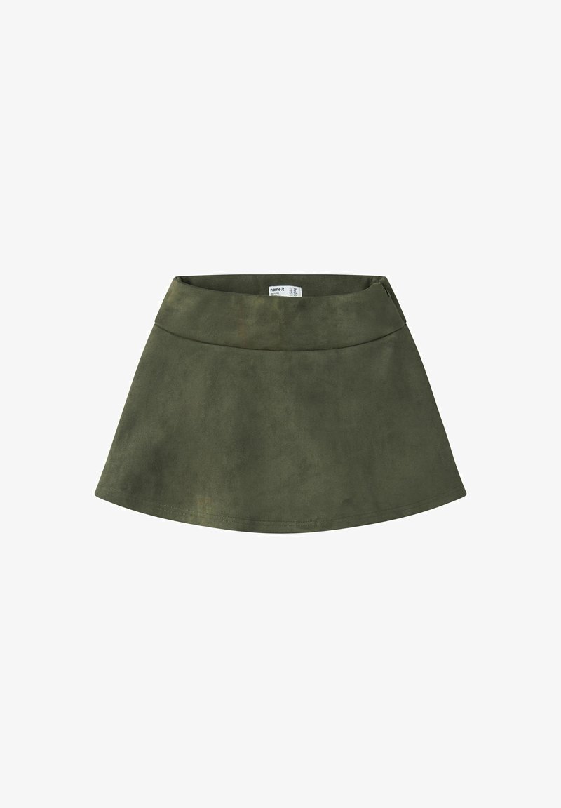 Jupe trapèze en daim vert foncé avec large ceinture, sans attaches visibles, devant plat, étiquette à l'intérieur de la ceinture.