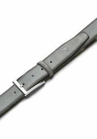 Gray leather belt with a smooth texture, featuring a silver metal buckle and multiple adjustment holes. Subtle embossed detail included.