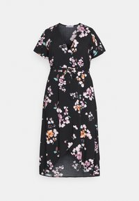 Schwarzes Blumenkleid mit kurzen Ärmeln, V-Ausschnitt, tailliertem Bund und asymmetrischem Saum. Verfügt über bunte Blumenmuster und leichte Stoffqualität.