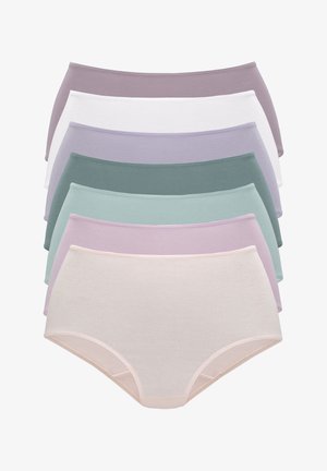 Cotton underwear in pastel colors: lavender, white, teal, sage, and soft pink. Classic high-waisted design with comfortable elastic waistband.