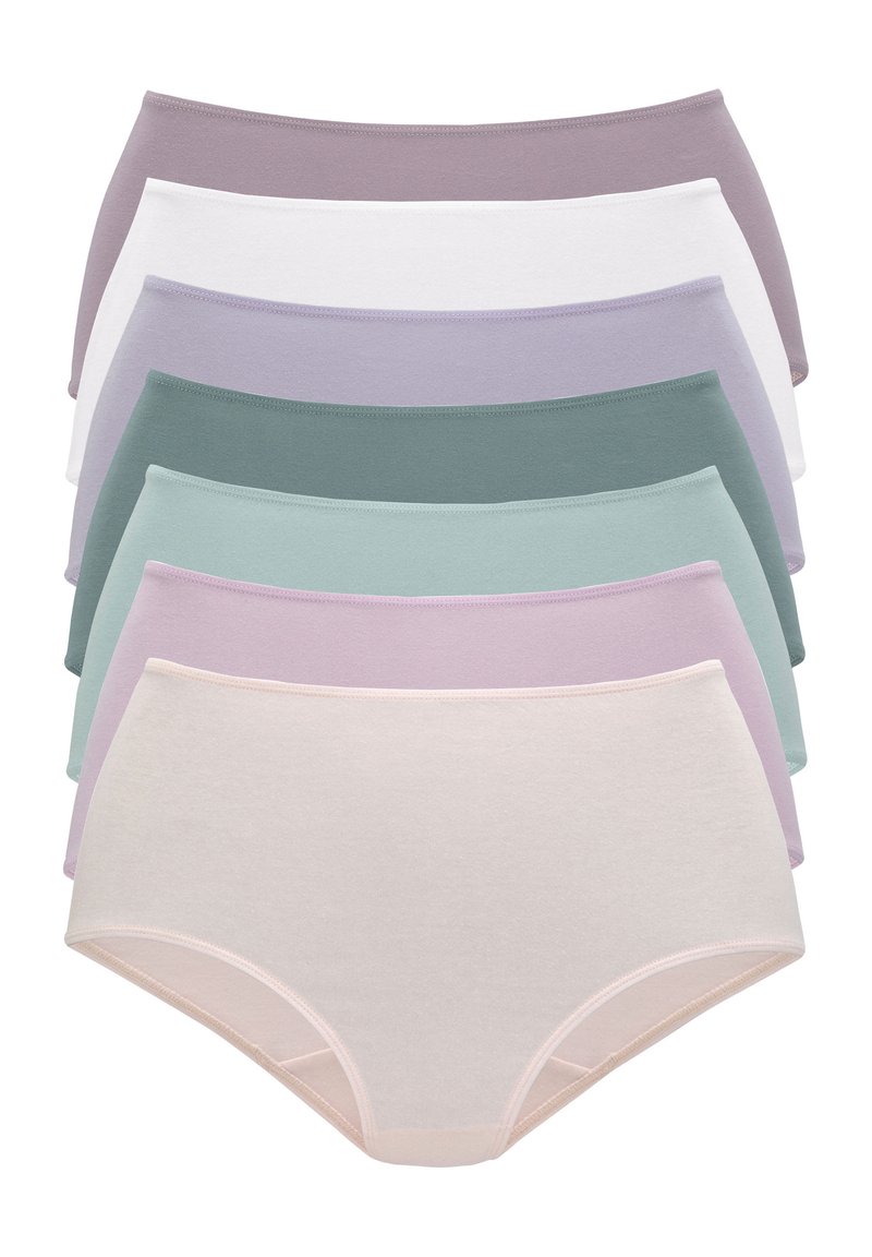 Baumwollunterwäsche in Pastellfarben: Lavendel, Weiß, Türkis, Salbei und sanftes Rosa. Klassisches hochgeschnittenes Design mit bequemem elastischen Bund.