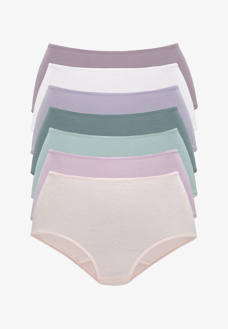 Intimo in cotone nei colori pastello: lavanda, bianco, verde acqua, salvia e rosa chiaro. Design classico a vita alta con comoda cintura elastica.