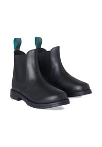 Botas Chelsea de cuero negro con costuras elásticas, puntera redonda y una lengüeta texturizada en teal. Suela de goma plana, diseño minimalista y acabado suave.