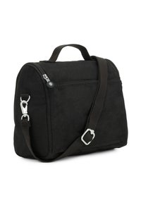 Borsa in tessuto nero con chiusura a zip, manico corto e tracolla rimovibile. Presenta una tasca posteriore e dettagli in metallo argentato.