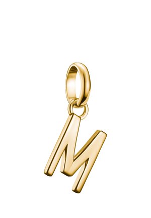 Goldener Anhänger in Form des Buchstabens "M" mit polierter Oberfläche und glattem, geometrischem Design sowie einem runden Befestigungsring.