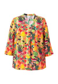 Camicia a maniche corte con una stampa di frutti vibranti in rosso, verde e giallo su uno sfondo pesca. Realizzata in un tessuto leggero con una vestibilità comoda.