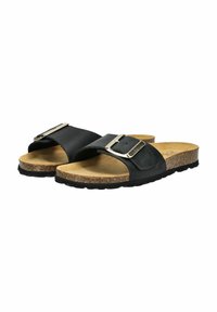 Schwarze Rutschsandalen mit einem breiten Riemen und silberner Schnalle, Korkfußbett, texturiertem schwarzen Sohlen und glattem oberem synthetischem Material.