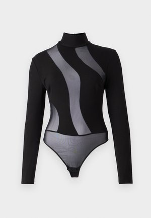 Sort langærmet bodysuit med gennemsigtige mesh-paneler og høj krave. Har en tætsiddende pasform og trykknaplukning i bunden.
