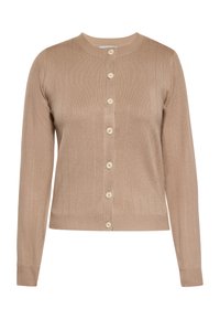 Cardigan tricotat bej, cu textură canelată, mâneci lungi, decolteu rotund și cinci butoni pe față.