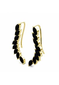 Orecchini in tonalità oro con pietre nere a taglio marquise disposte in un design curvo, dotati di accessori decorativi per una vestibilità sicura.