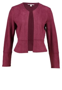 Burgundy mocka jacka med långa ärmar, utan knäppning och med en skräddarsydd passform. Har stickade sömmar och en lätt utställd fåll.