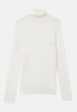 White turtleneck sweater made of textured knit fabric, featuring long sleeves and a fitted design. No patterns or accents.