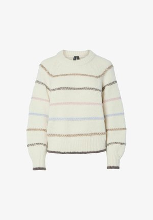 Crème brei trui met horizontale bruine, roze en blauwe strepen, voorzien van geribbelde manchetten, onderrand en ronde halslijn.