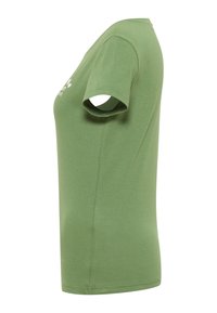 Olive green short-sleeve t-shirt with a crew neck, made from soft cotton. Features a simple printed design on the front.